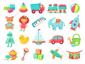 Kids cartoon toys. Baby doll, train on railway, ball, cars, boat, boys and girls fun isolated plastic toy vector