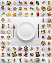 Assotment vegetable fruit meat fish coffee sweet and fat meals.