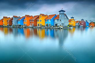 Fantastic colorful buildings on water, Groningen, Netherlands, Europe