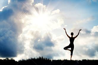 Yoga Meditation, Woman Stand with Raised Arms, Nature Sun Sky