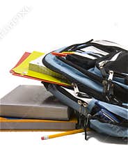 Blue School Back Pack full of school supplies with school books