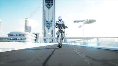 Military robot with gun walking. Futuristic city, town. Realistic 4K animation.