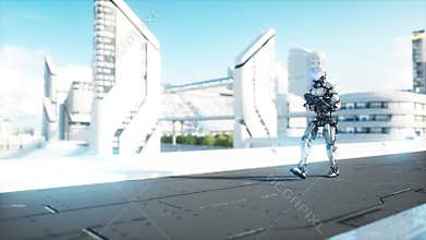 Military robot with gun walking. Futuristic city, town. Realistic 4K animation.