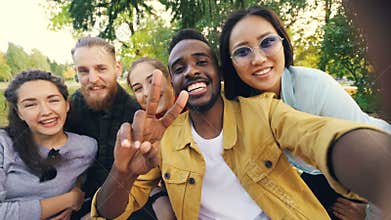 Multiethnic group of young people African American, Asian and Caucasian is taking selfie on picnic with drinks looking