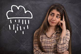 College girl thinking with cloud and rain