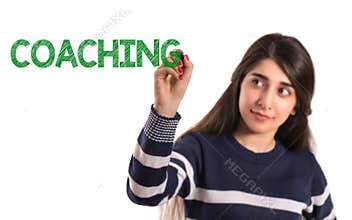Teen college girl writing coaching on transparent screen