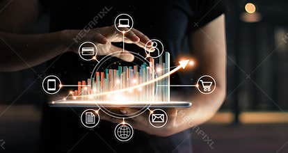 Business people holding tablet and graph chart statics