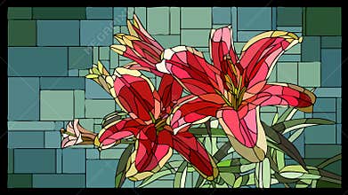 Vector stained glass window with blooming red lilies with buds.