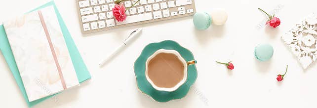 Flat lay women`s office desk banner. Female workspace with laptop,