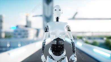 Female robot walking. Futuristic city, town. People and robots. 3d rendering.