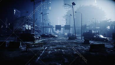Apocalypse city in fog. Aerial View of the destroyed city. Apocalypse concept. 3d rendering.
