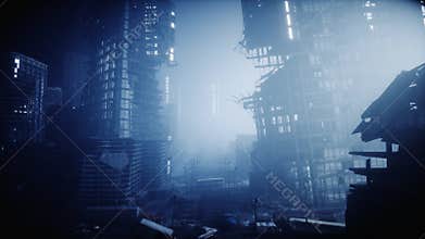 Apocalypse city in fog. Aerial View of the destroyed city. Apocalypse concept. 3d rendering.