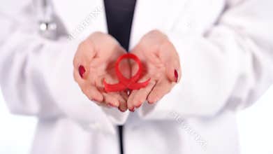 Doctor hands showing a red ribbon HIV
