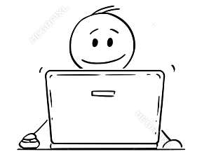 Cartoon of Smiling Man or Businessman Working on Laptop or Notebook Computer