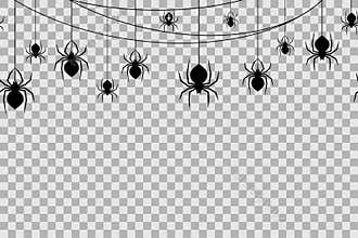 Seamless pattern with spiders for Halloween celebration on transparent background. Vector Illustration.