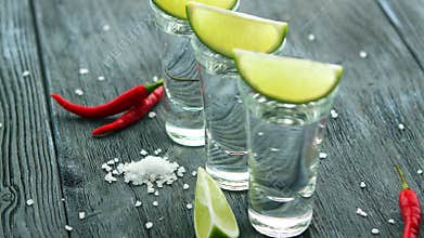 Shot of tequila with salt and lime