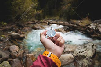 A beautiful male hand with a yellow watch strap holds a magnetic compass in a coniferous autumn forest against a