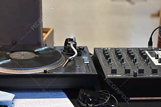 Audio DJ sound equipment, Vinyl record close up