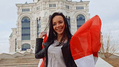 Girl with canadian flag having fun