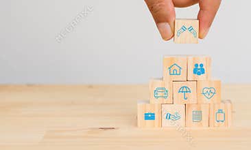 Insurance concept, hand man try to put the insurance to protect or cover person, Property ,Liability, reliability,car, life, busin