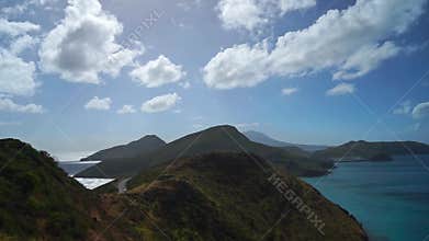 Landscape view of the Caribbean Sea and Atlantic Ocean looking south of St Kitts island from the top of Timothy Hill
