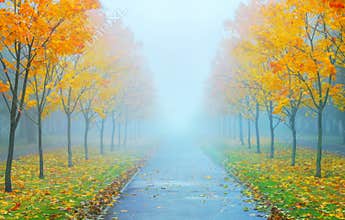 Misty autumn morning ater the rain
