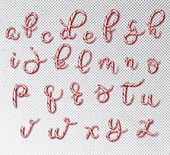 Christmas candy cane lettering. Font set with caramel letter . Sweet 3d alphabet isolated . Vector illustration 10 EPS