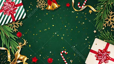 Christmas green wall background - Christmas blank backdrop for text - 4K animation - Greeting card with tree leafs, bell, reindeer