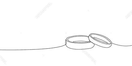 Wedding rings continuous line drawing. One line art of love, rings, marriage, union of hearts, classic, romance.
