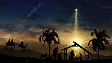 Christmas Nativity Scene with animals and trees on starry sky