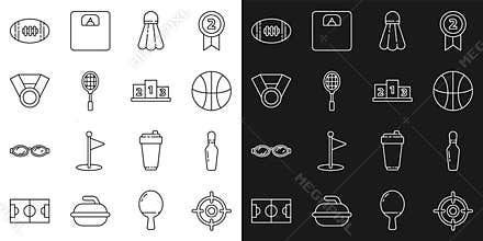 Set line Target sport, Bowling pin, Basketball ball, Badminton shuttlecock, Tennis racket, Medal, American Football and