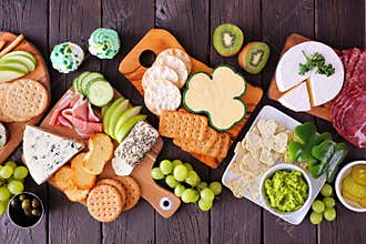 St Patricks Day charcuterie above view table scene over wood