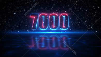Red And Blue Number 7000 Display Neon Sign On Dark Blue Starry Sky Of The Space And Light Reflection On Water Surface