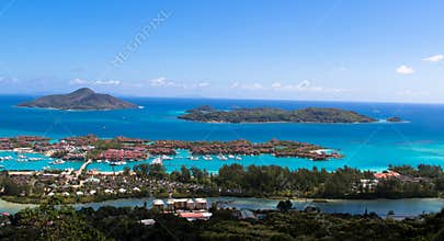 Aerial view of Eden Island and Saint-Anne Marine National Park in Victoria, Seychelles, Mahe island.