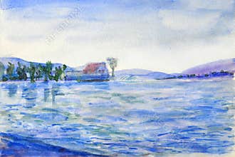 Watercolor painting featuring a house and a tree on a coastline.