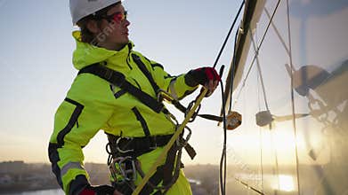 Industrial climber makes measurements of tile on building
