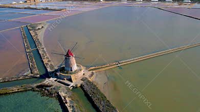 Natural reserve of the Saline dello Stagnone, near Marsala and Trapani, Sicily.,Aerial picture of Trapani salt