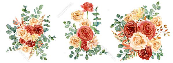 Watercolor floral bouquet, red and peach flowers roses and peonies, eucalyptus leaves. Autumn floral design for wedding invitation
