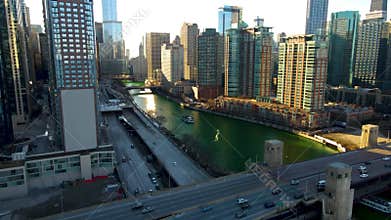 Aerial drone shot of downtown Chicago by the river during early spring