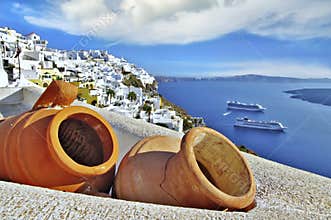 Santorini island, view of caldera and cruise ships. Greece