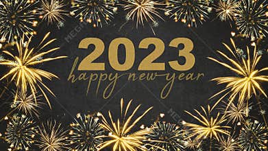 HAPPY NEW YEAR 2023 - Festive silvester New Year`s Eve Party background greeting card - Golden fireworks in the dark black night
