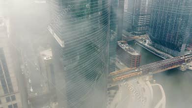 Chicago Illinois 25.04.2022 Foggy day view from a height. Flying above the clouds over downtown Chicago.