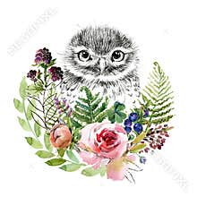 Owl Watercolor forest wildlife. woodland animal.
