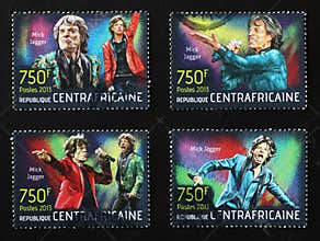 Four portraits of Mick Jagger on postage stamps