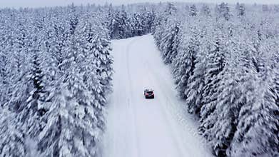 Aerial video of black car driving on winter road in northern forest covered by much snow