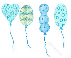 Watercolor hand drawn illustration of blue yellow cute balloons. Boy baby shower design for invitations greeting party