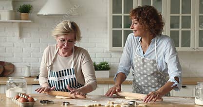 Happy middle aged woman enjoying cooking with adult daughter.