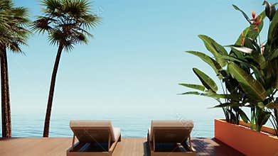 Modern room with nature sea view. The Rooms have yellow wall, concrete floors and balcony with pool chairs, 3D animation