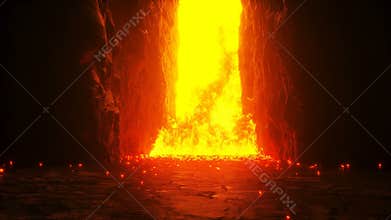 Hell gates. Road to hell fire. Devil portal. Sinner. Religious concept. Realistic 4k animation.