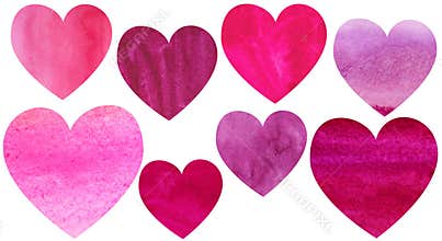 Hearts watercolor icons isolated on white. Valentine and wedding romantic design elements
